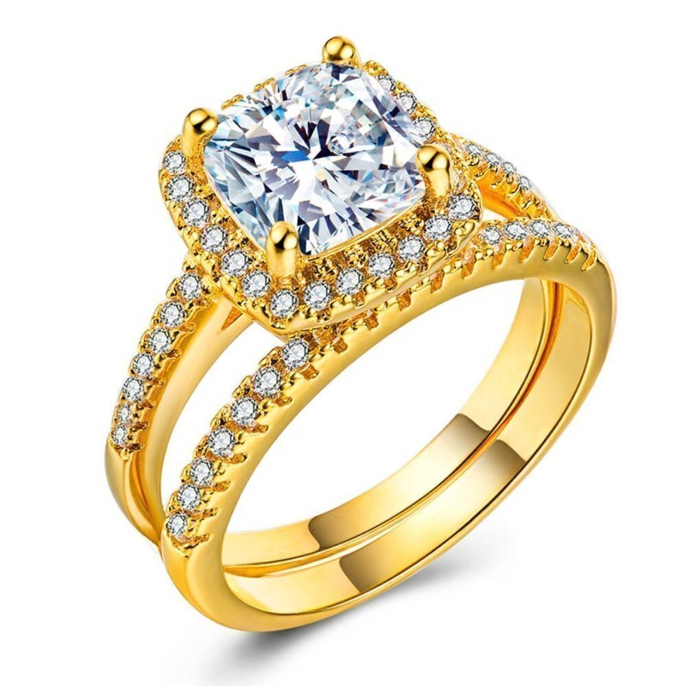 💞 18K Gold Plated Luxury Princess Cut 3A CZ Wedding Couple Ring, FB16FA1…